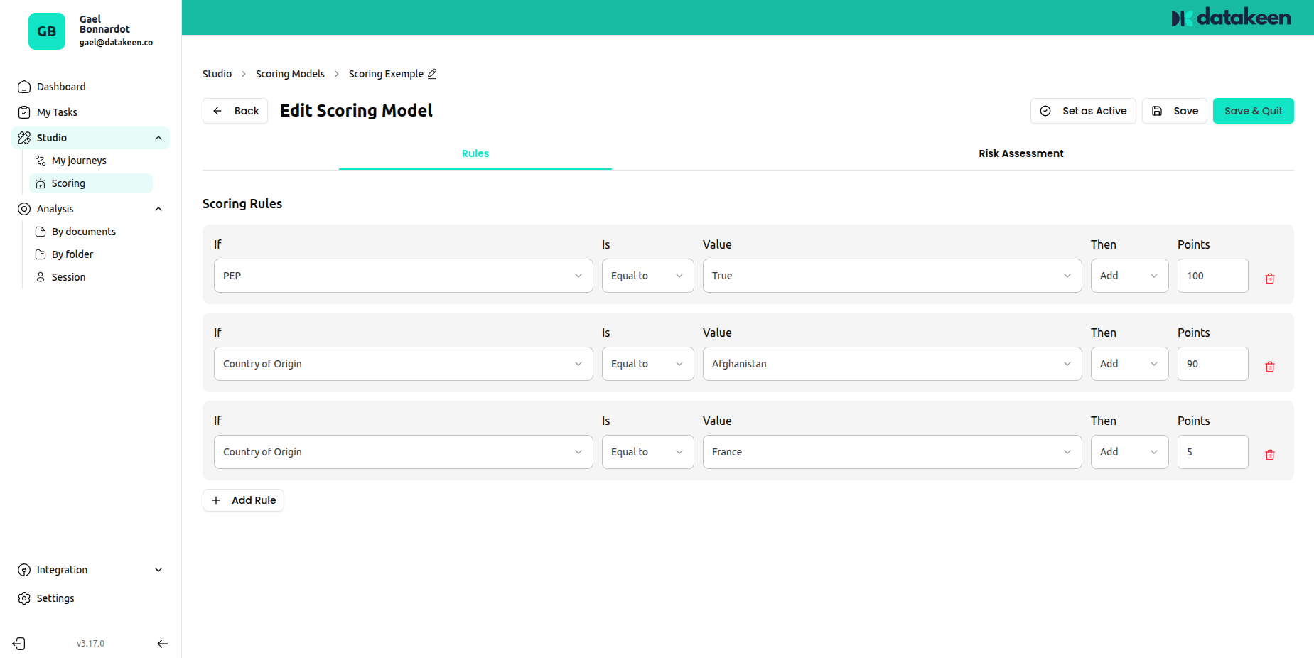 Scoring model rules editor