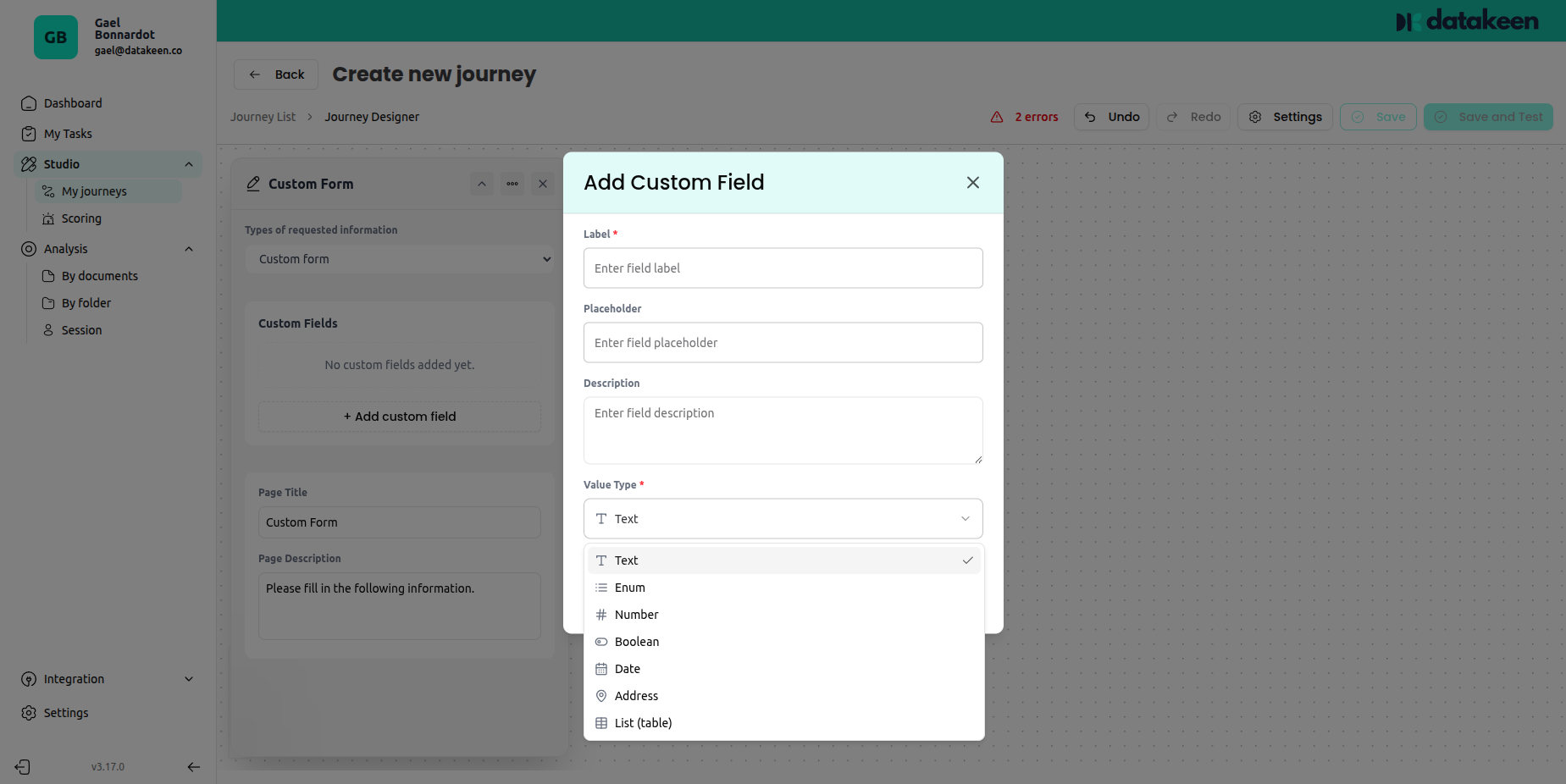 Add custom field modal