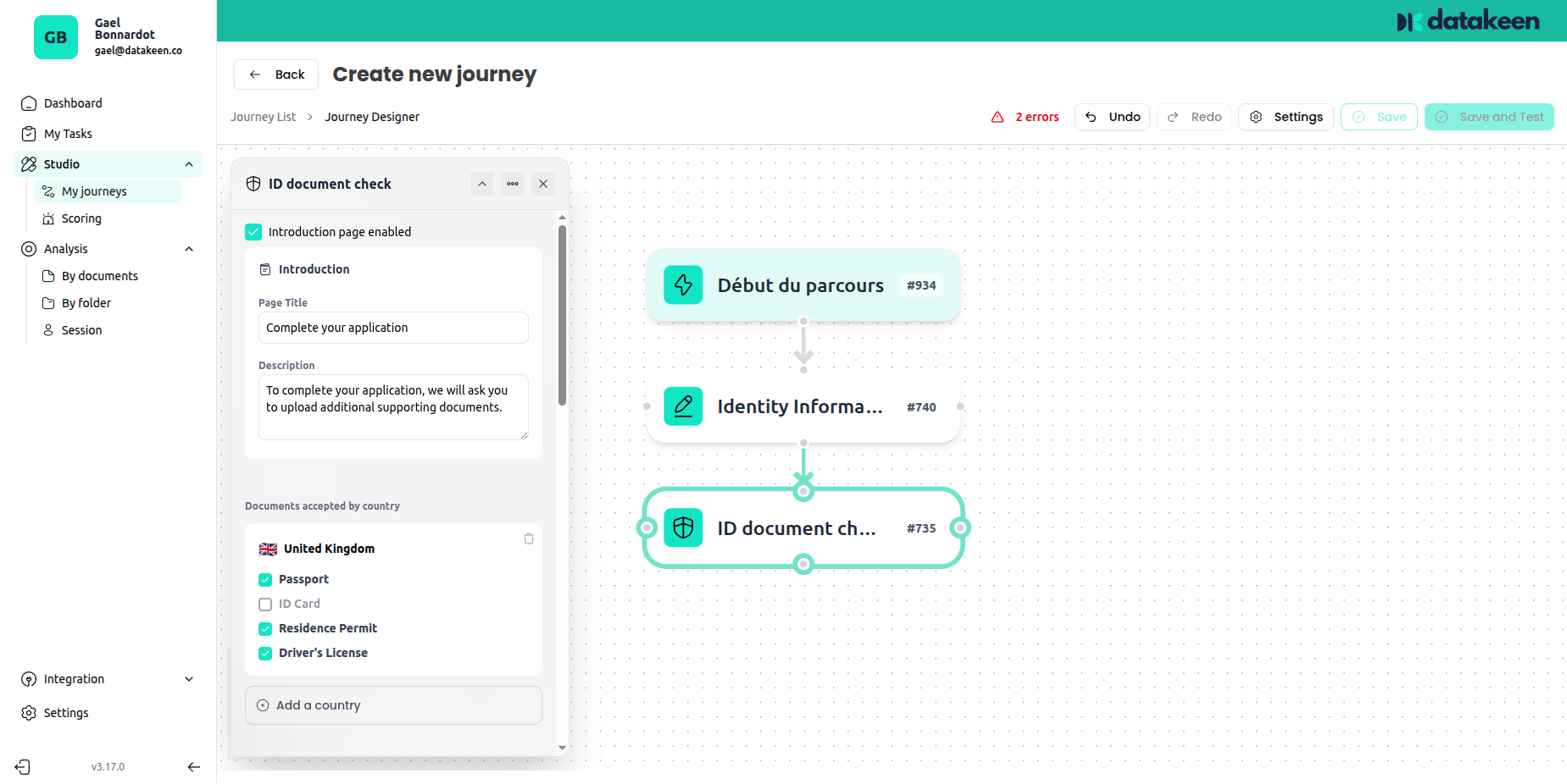 Identity document check — intro page and country selection