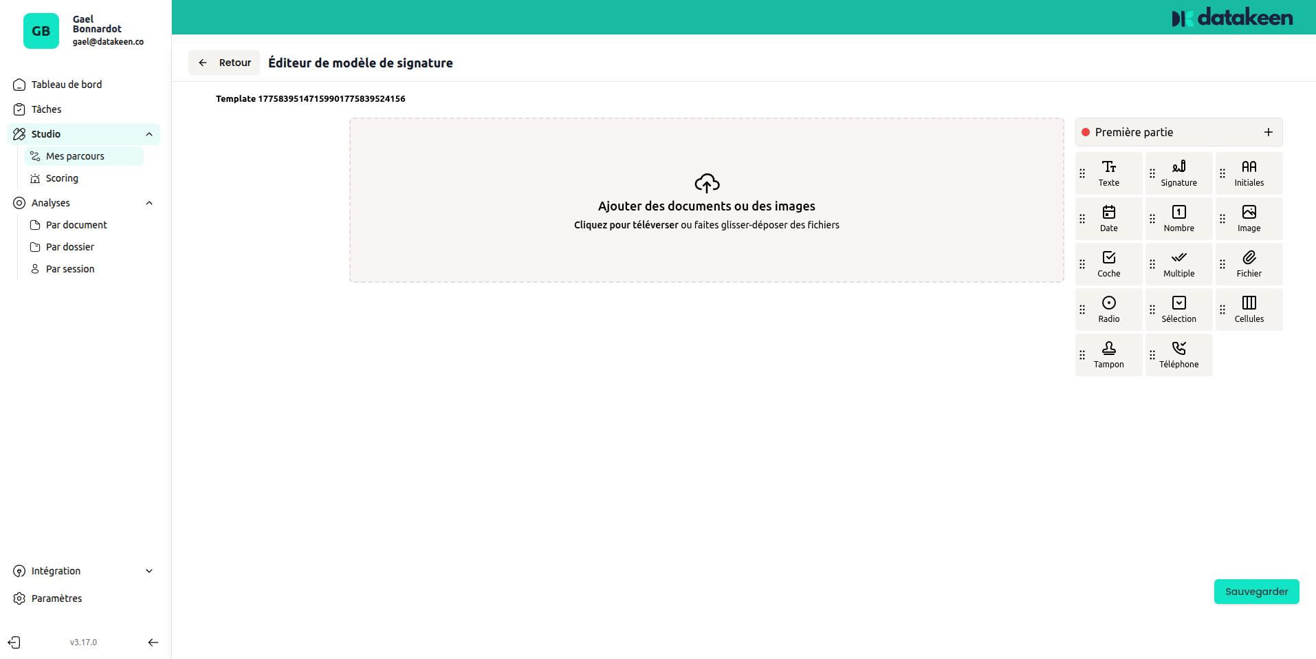 Signature template editor — with document and signature field placed