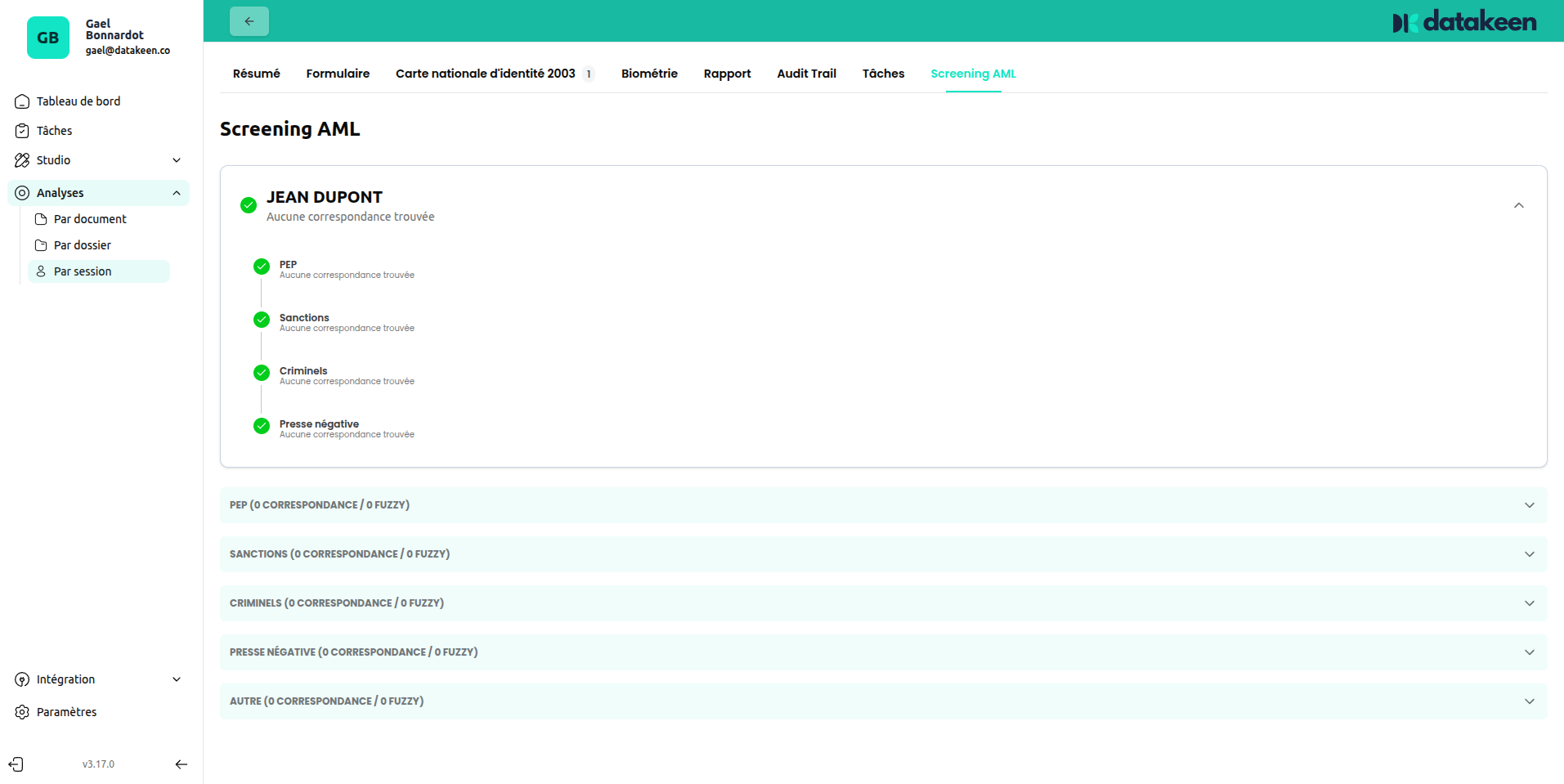 AML screening results