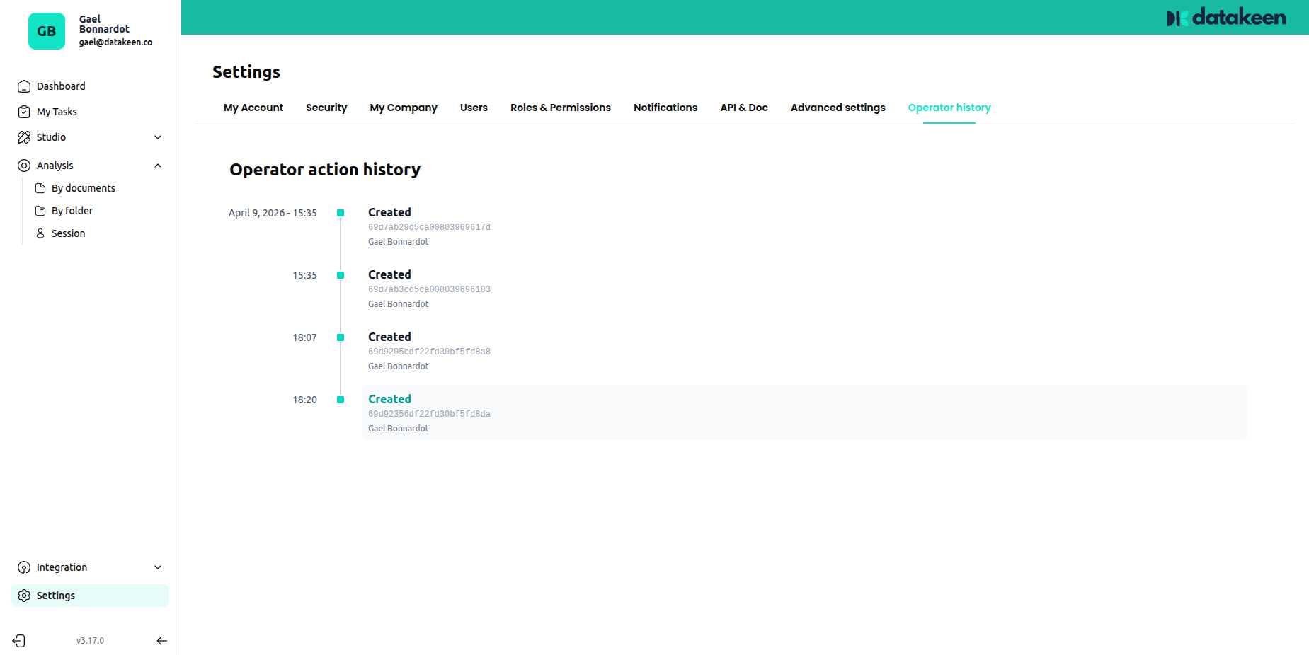 Operator action history