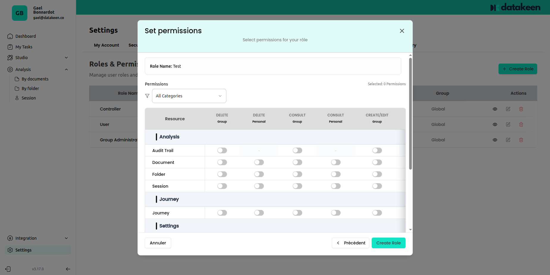Configure permissions modal