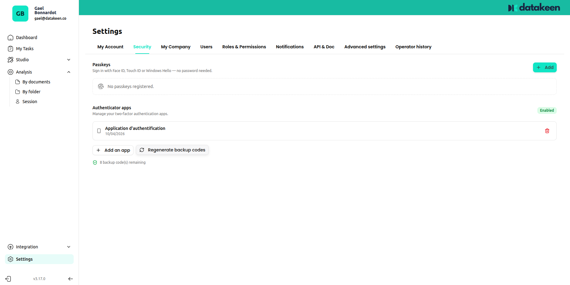 Security settings — 2FA